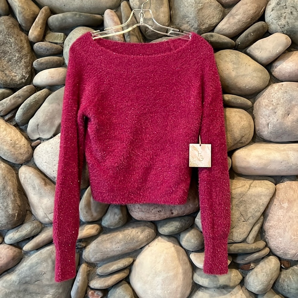 NWT Happily Grey Hot Pink Glittery Sweater - Size Medium